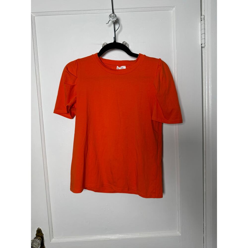 Anonyme Red Orange Crewneck Stretch Short Puff Sleeve Statement Shirt Women's XS